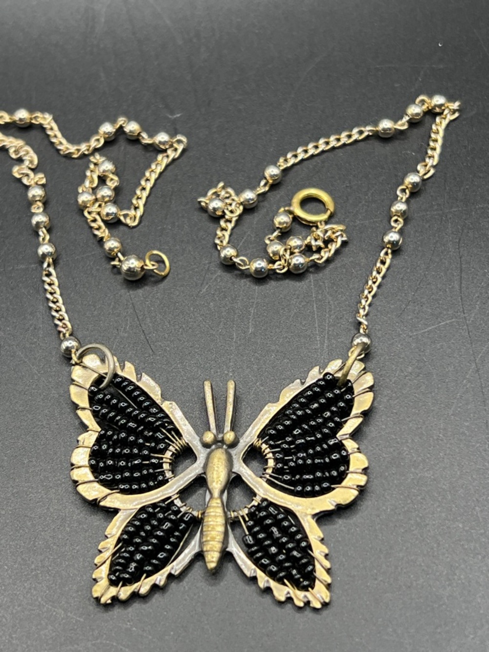 Vintage Black Beaded Butterfly Necklace